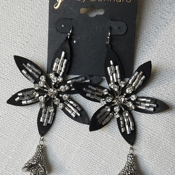 g by Gennaro Flower Dangle Earrings Black, Silver Tone Fringe Chain - Picture 6 of 8